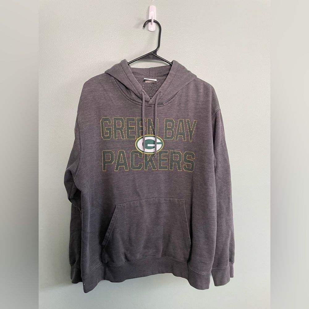 Men’s Majestic Green Bay Packers Stitch Letters Grey Pullover Hooded Sweatshirt